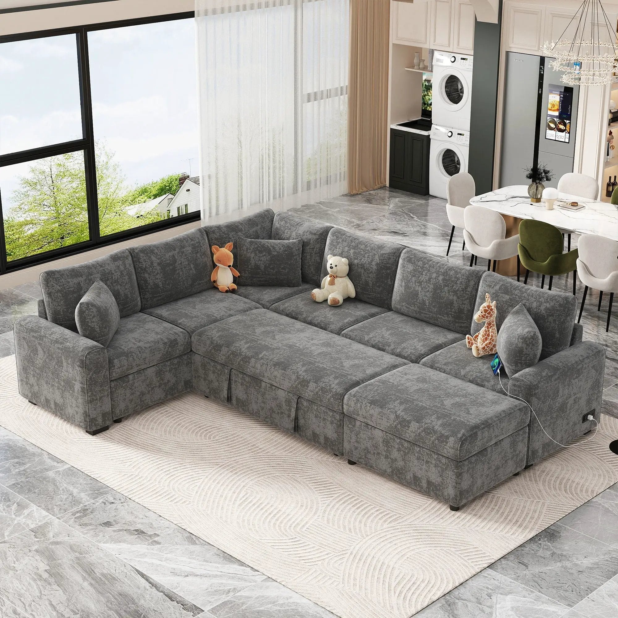 Sectional Sofa Pull-Out Sofa Bed Sleeper With A Storage Ottoman, Three Pillows And Charging Devices For Living Room by HouseOfZazla