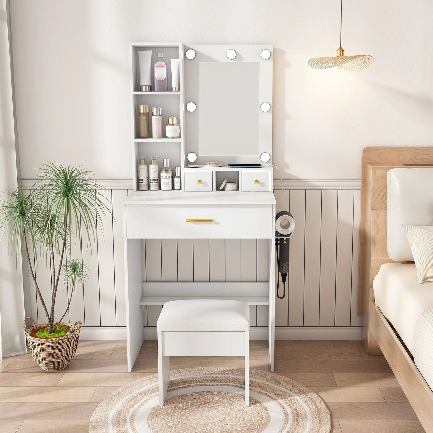 Vanity Table With Mirror, Adjustable LED Lights, Power Outlet, Hairdryer Holder & Stool by Unique Piece Furniture