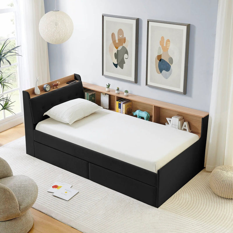Upholstered Daybed With Storage Headboard, Wireless Charging, LED Lights by Unique Piece Furniture