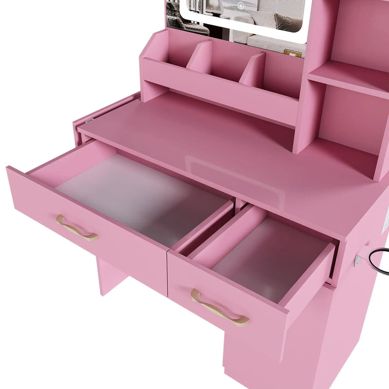 Vanity Desk With LED Mirror Lights And Power Outlet Charging Station, 3 Drawers, 7 Shelves, Storage Stool - Pink by HouseOfZazla