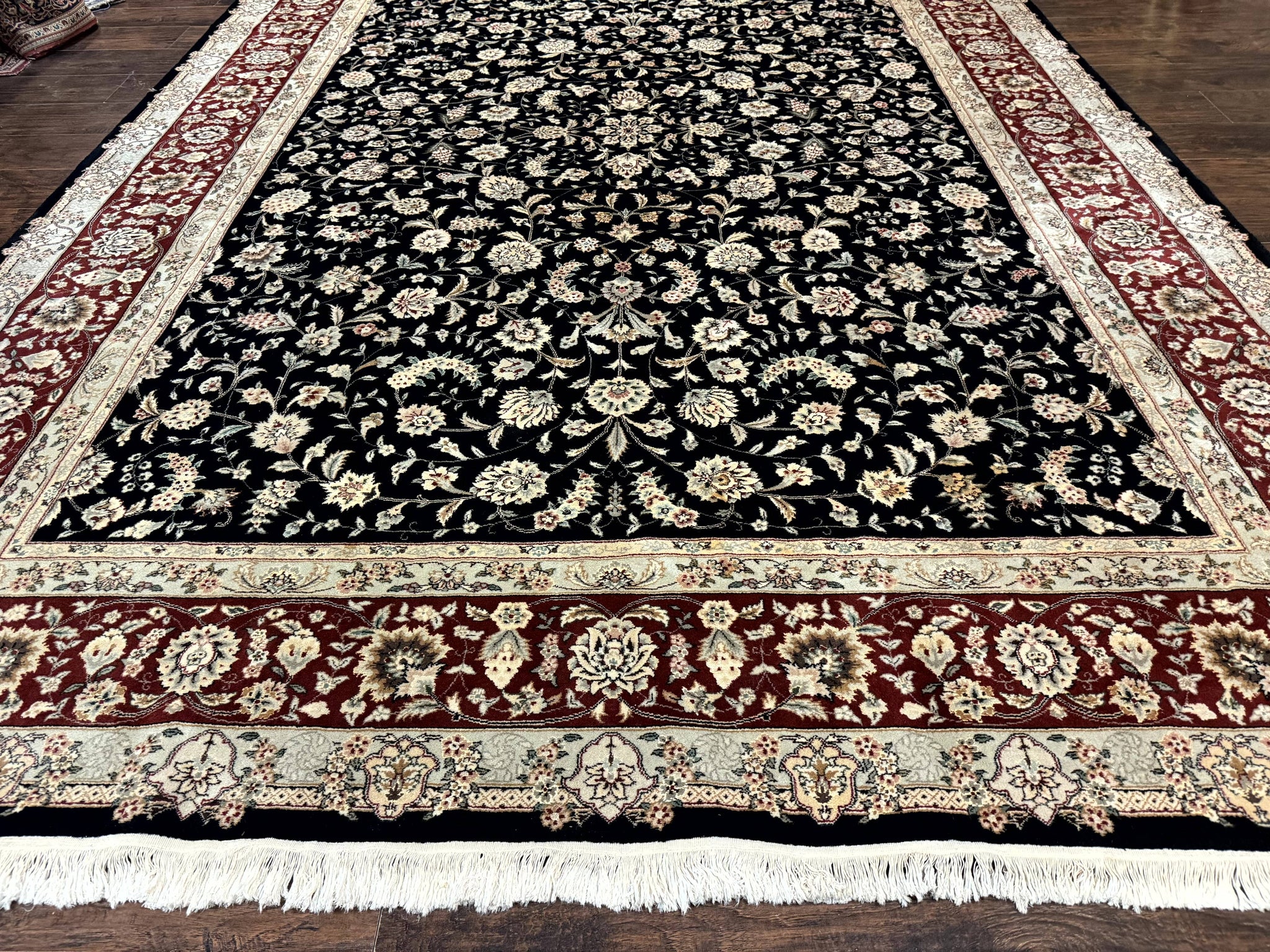 Sino Persian Rug 9x12, Fine Elegant Oriental Carpet 200 KPSI, Black and Dark Red, Allover Floral by Jewel Rugs