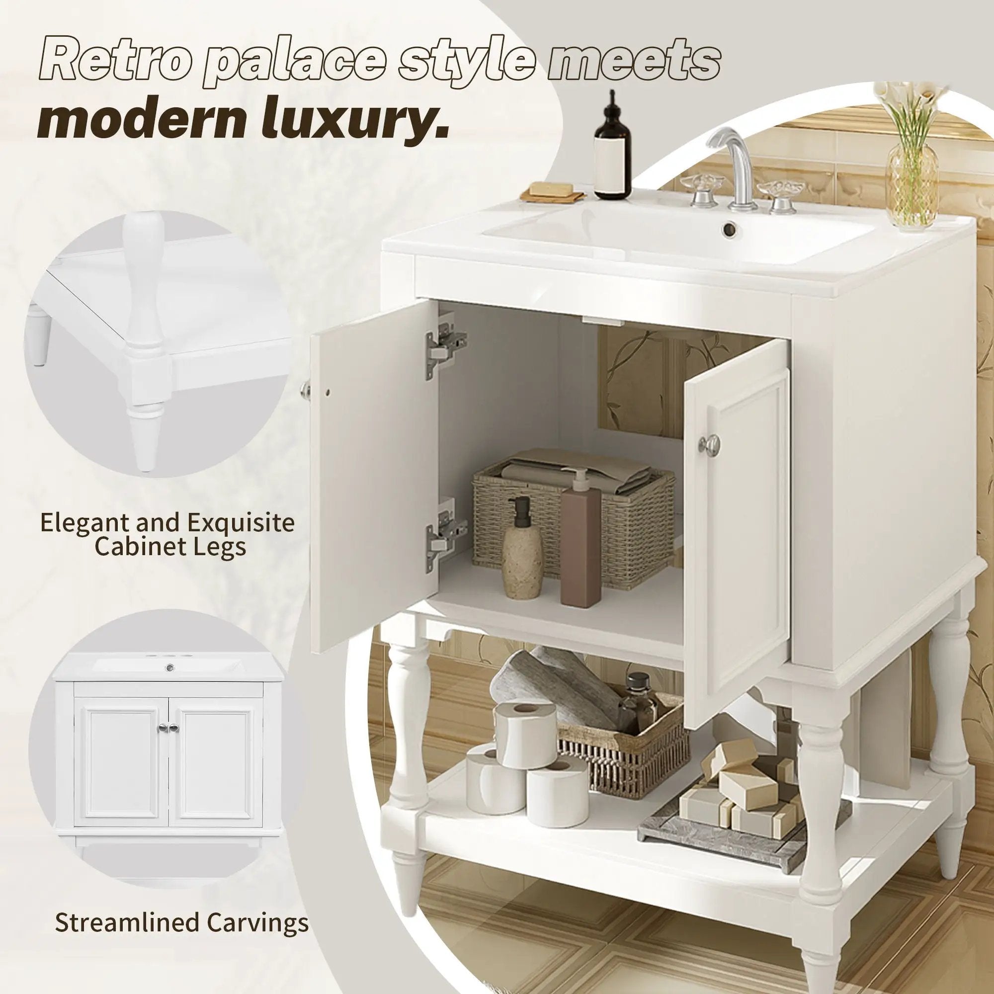 Modern Bathroom Vanity With Sink, Rectangular Cabinet With Open Shelf And Closed Storage