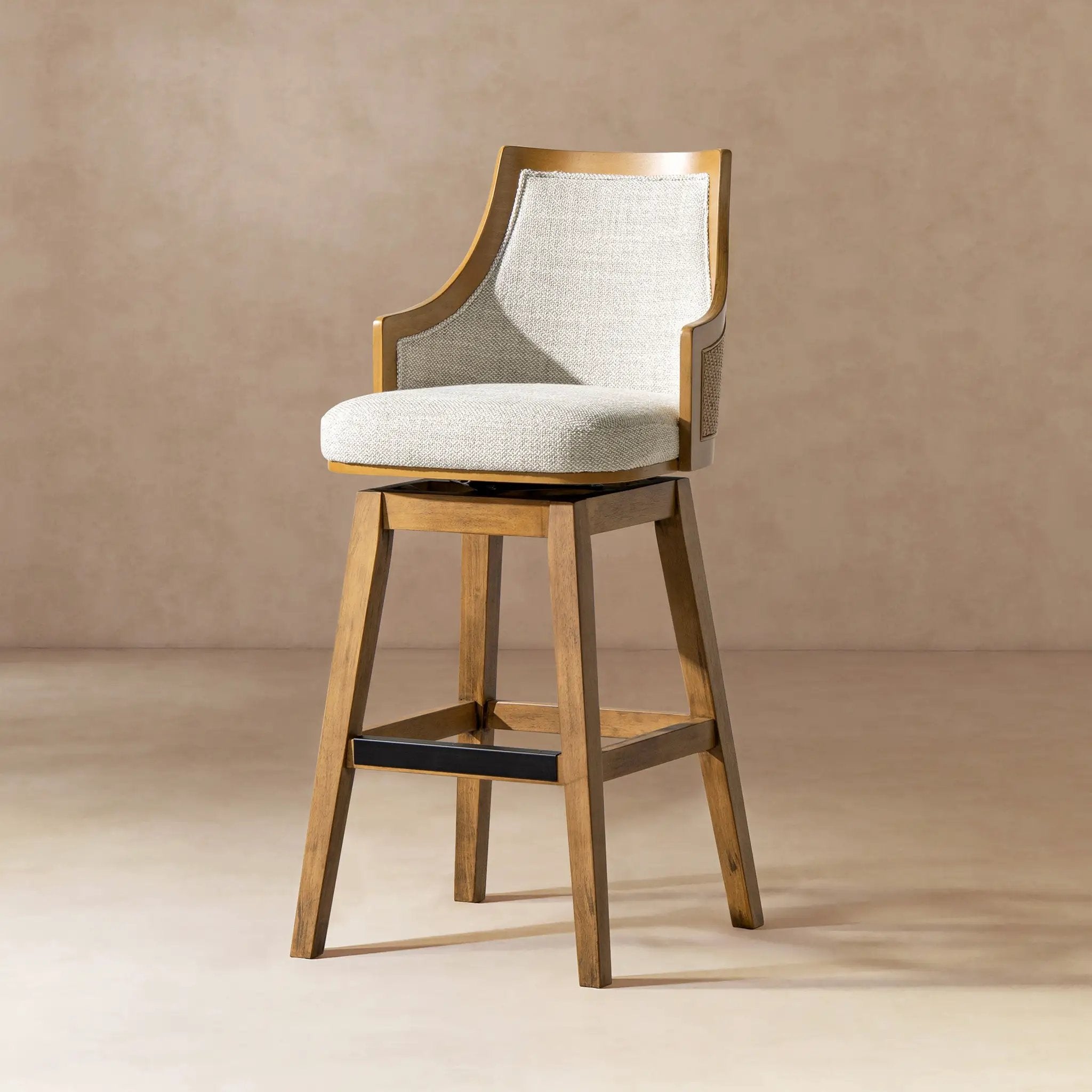 Bahama 30' Cane Rattan High-Back Swivel Bar Stool with Recessed Arms, Two-Tone Neutral Gray Polyester Wool Blend by HouseOfZazla