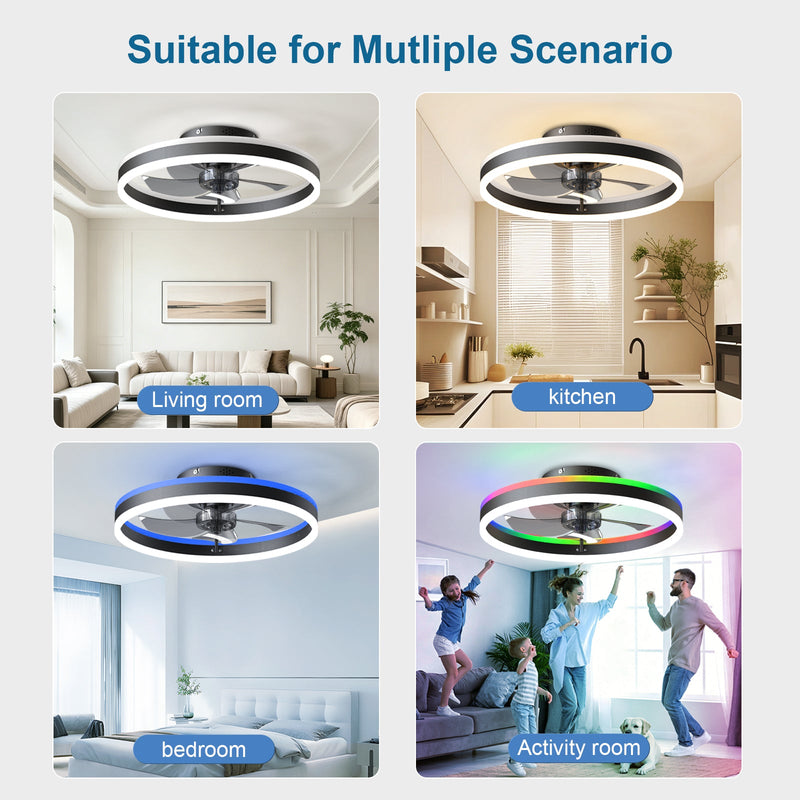19.7" RGB Flush Mount Ceiling Fan with Light for Bedroom by HouseOfZazla