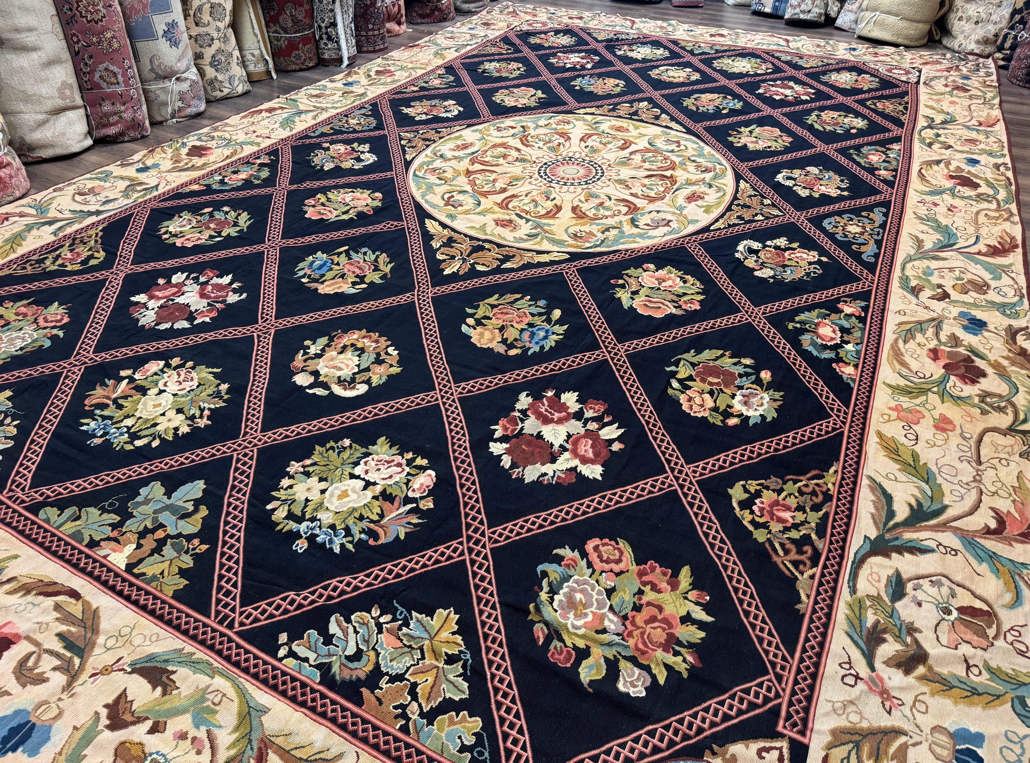 Palace Size Needlepoint Rug 12x20, European French English Aubusson Floral Design, Black and Beige by Jewel Rugs