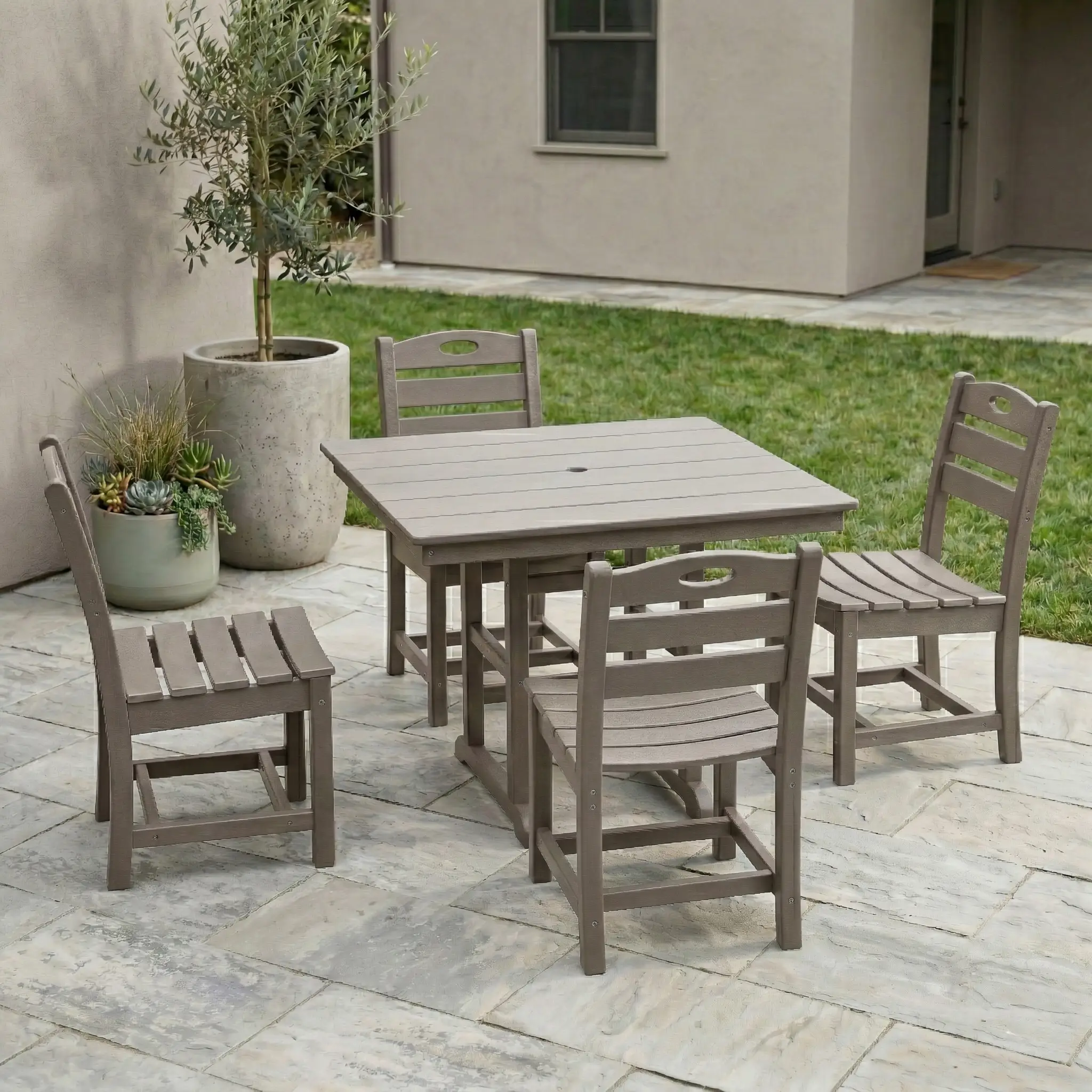 Antique Wood Color HDPE 5-Piece Outdoor Patio Dining Set with Square Table and 4 Armless Chairs, Umbrella Hole by HouseOfZazla