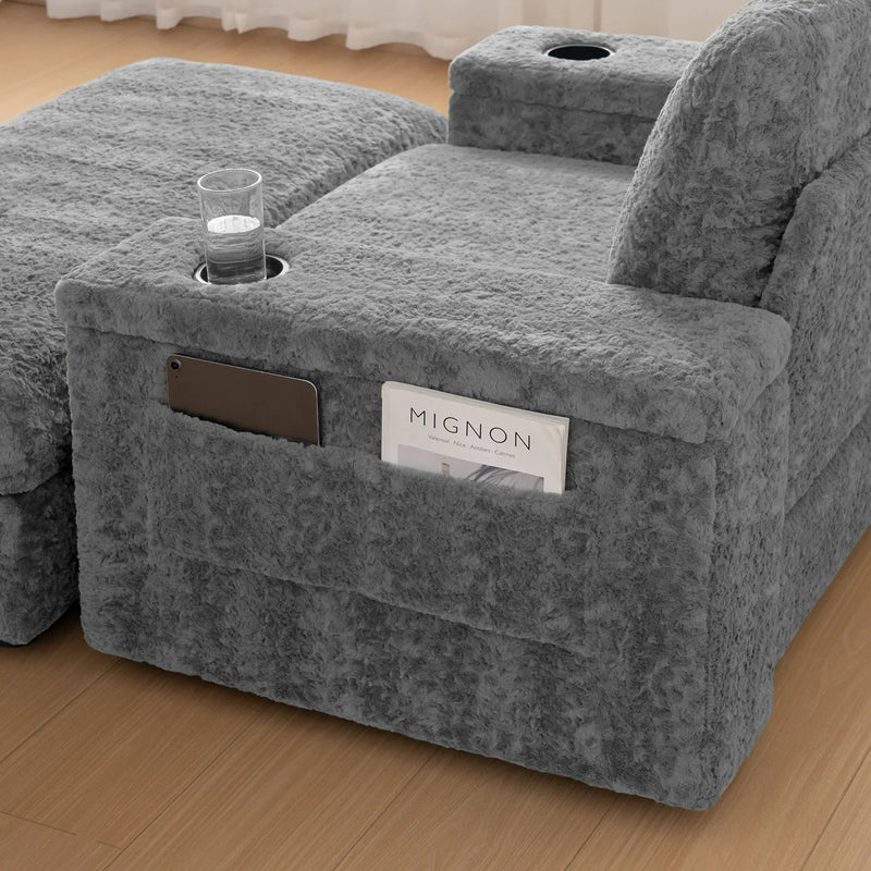 Oversized Chaise Lounge Indoor Rabbit Fur Sofa Bed With Storage Ottoman And Armrests Cup Holders With Deep Seat by HouseOfZazla