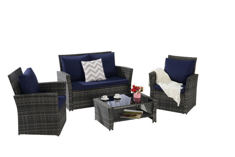 4 Pieces Outdoor Patio Furniture Set with Rattan Chairs and Tempered Glass Table by HouseOfZazla