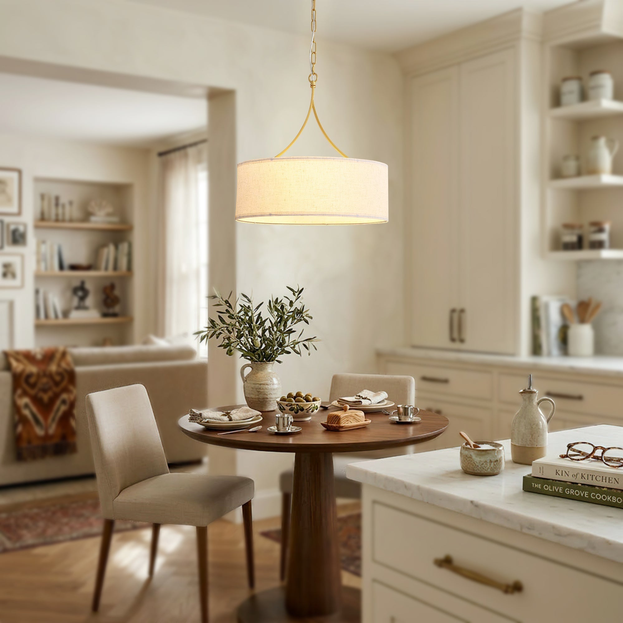 3-Light Gold Fabric Drum Pendant Light by HouseOfZazla