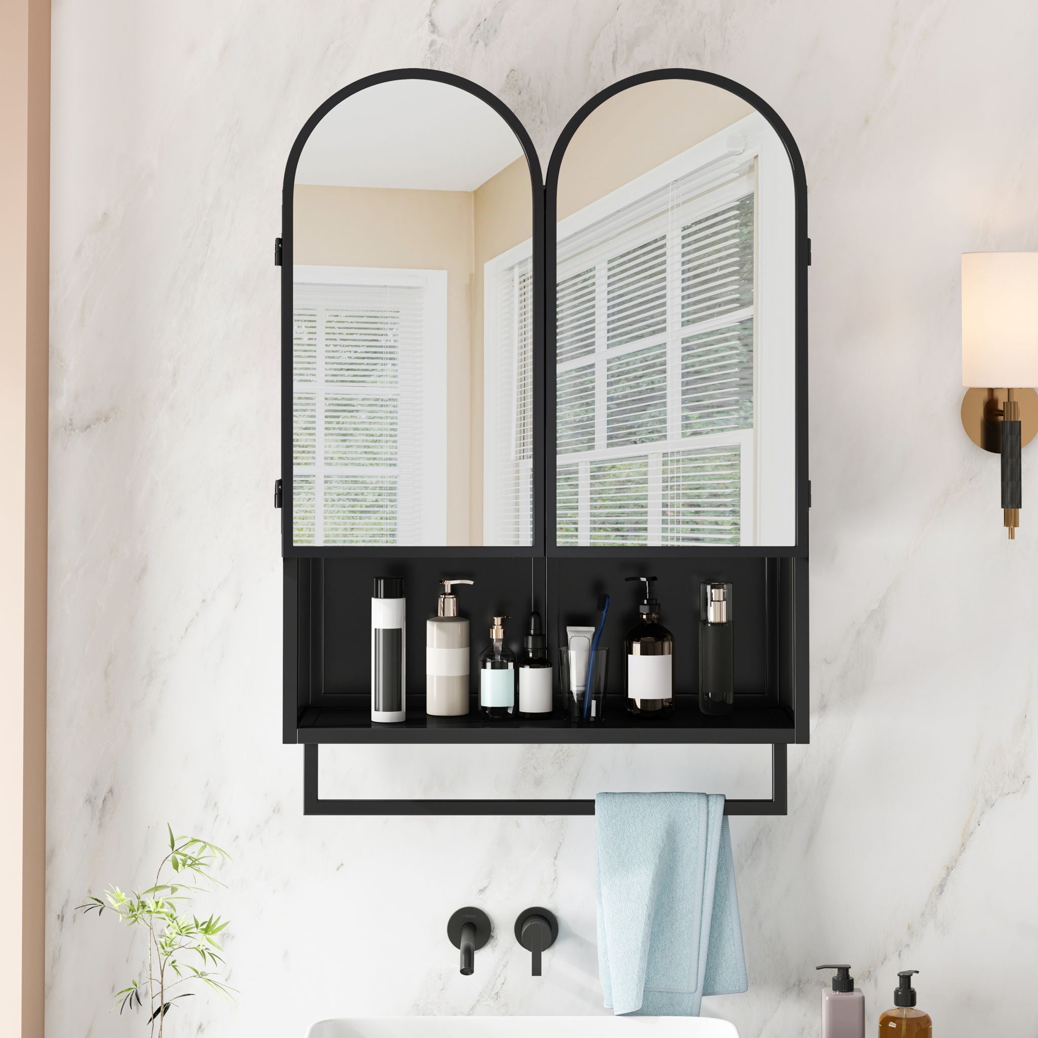 Double Arched Mirror Wall Cabinet With 2 Doors, Featuring Adjustable Shelves And Towel Rack by HouseOfZazla