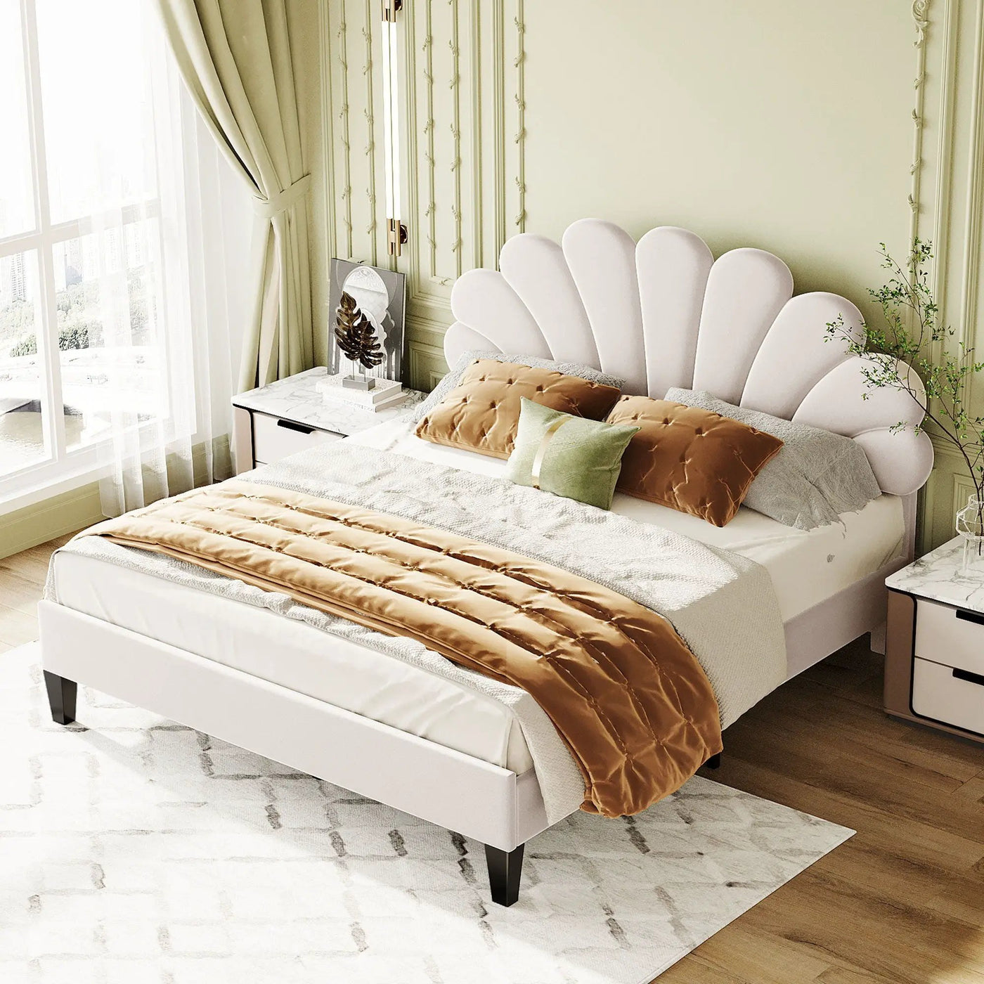 Upholstered Platform Bed With Flower Pattern Headboard by Unique Piece Furniture