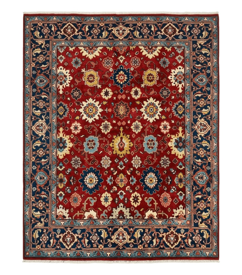 Indo Heriz Rug 8x10, Red and Navy Blue, Allover Pattern, Wool Handmade Carpet by Jewel Rugs