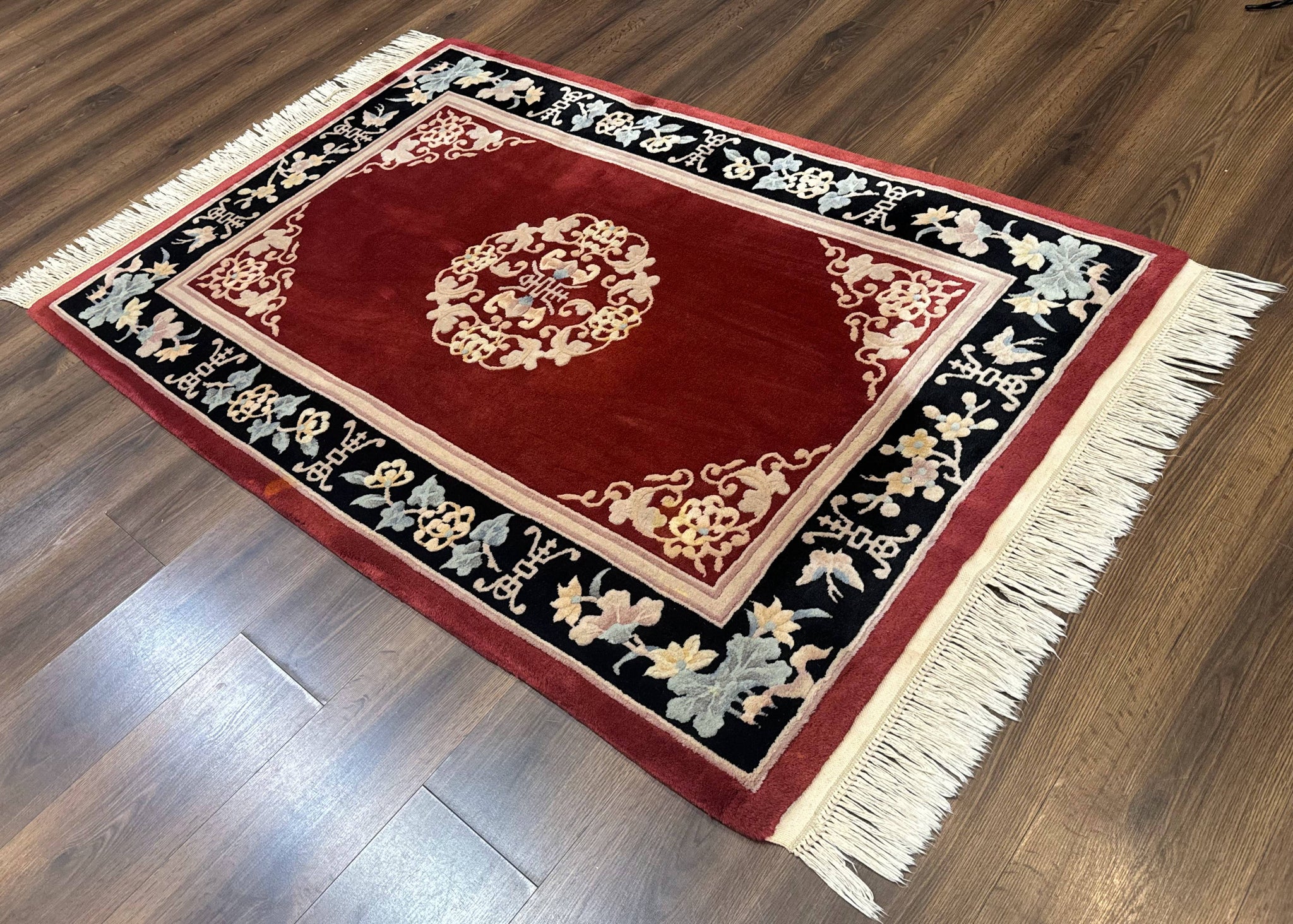 Chinese Wool Rug 4x6, Maroon and Black, Butterflies, Chinese Oriental Carpet, 90 Line Rug by Jewel Rugs