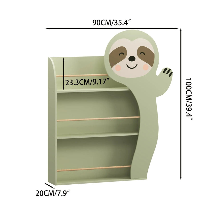Sloth Bookshelf, Front Facing Toddler Book Display Rack With 3 Tiers, Cute Animal Design - Sage Green by Unique Piece Furniture