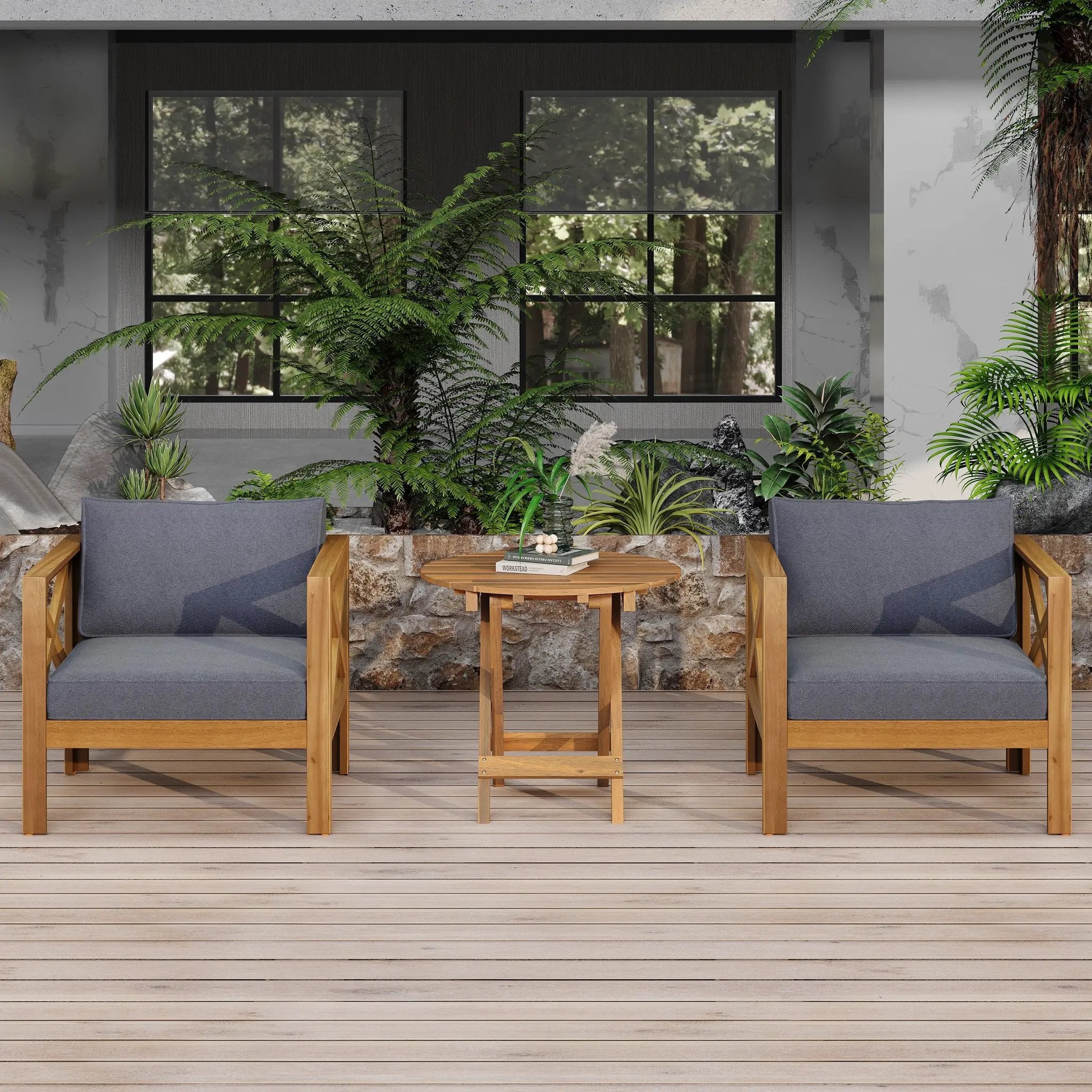 Patio Conversation Set with Foldable Acacia Wood Table and Cushioned Armchairs by HouseOfZazla