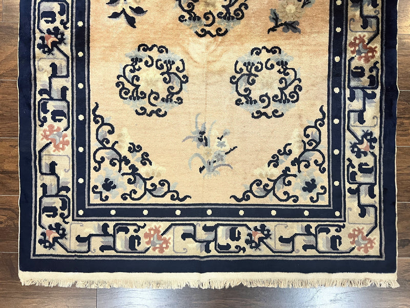 Chinese Peking Rug 4x6, Wool Hand Knotted Handmade Vintage Semi Antique Carpet, Semi Open Field, Light Peach & Navy Blue, Art Deco Rug by Jewel Rugs