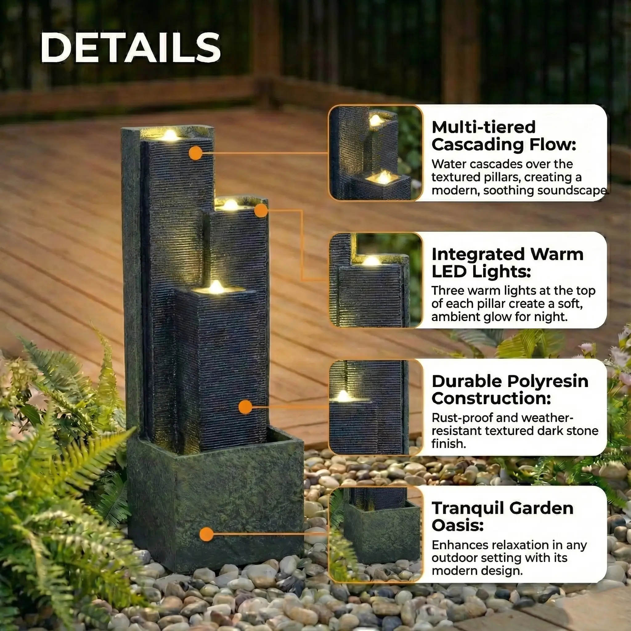 39" H Outdoor Water Fountain Modern Cascading Freestanding Fountain with LED Lights for Garden Patio Porch Lawn by HouseOfZazla