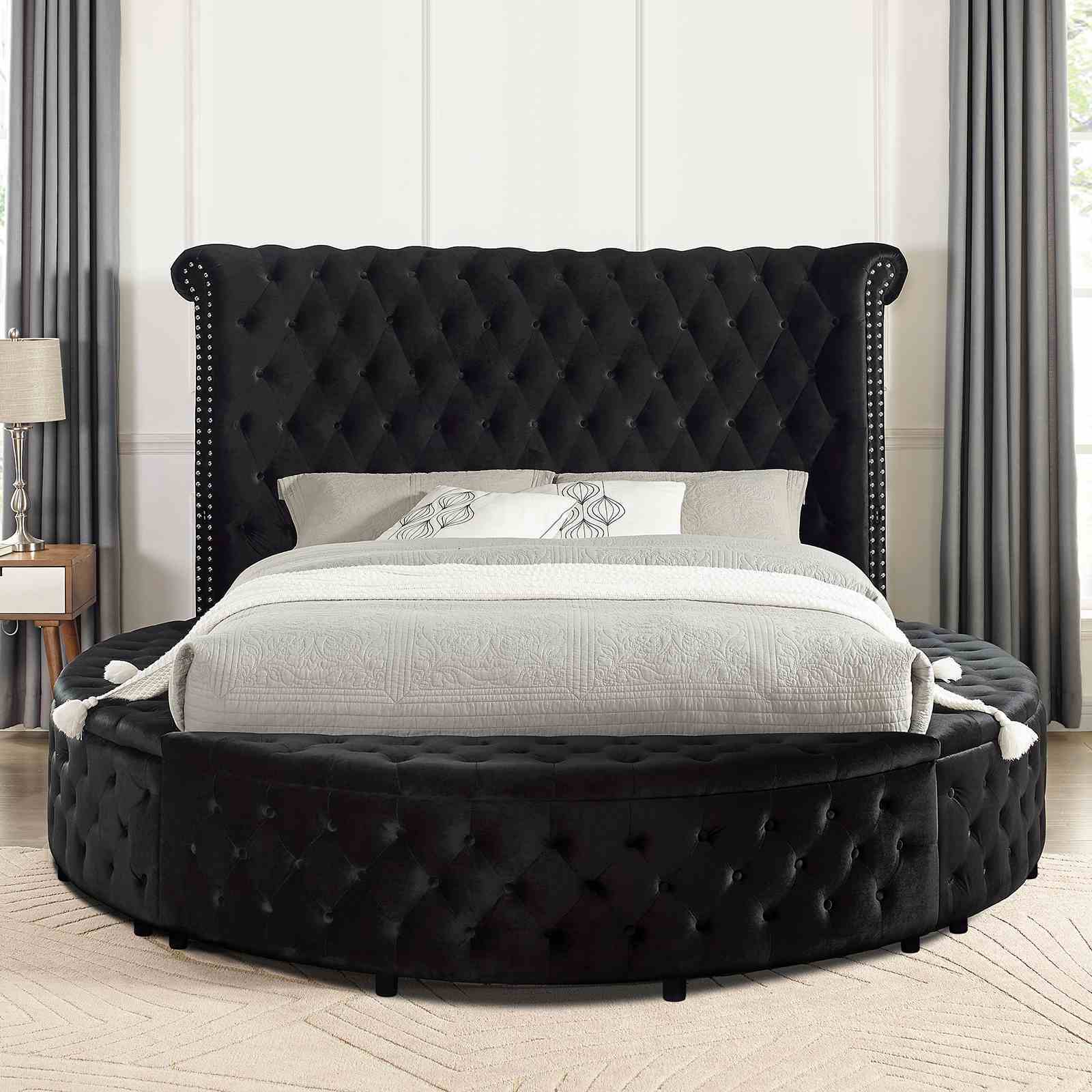 Glam Button Tufted Wingback Round Bed With Storage And USB Ports by Unique Piece Furniture