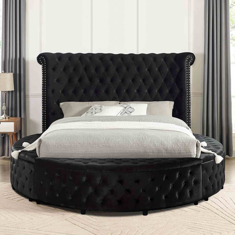Glam Button Tufted Wingback Round Bed With Storage And USB Ports by Unique Piece Furniture