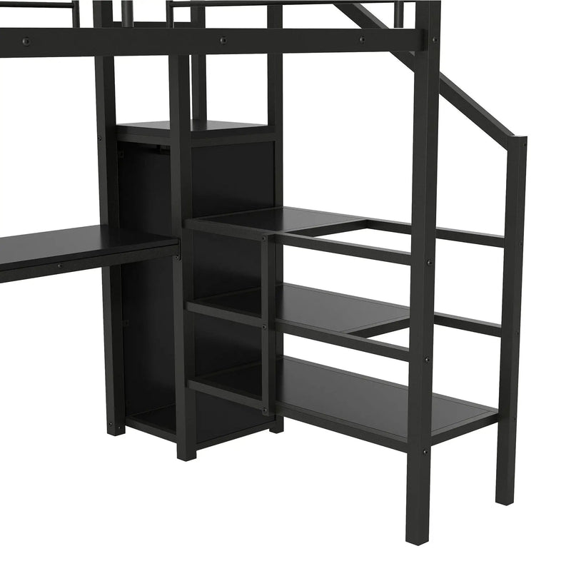 Full Size Loft Bed With Desk, Storage Staircase, Small Wardrobe And LED Light - Black by HouseOfZazla