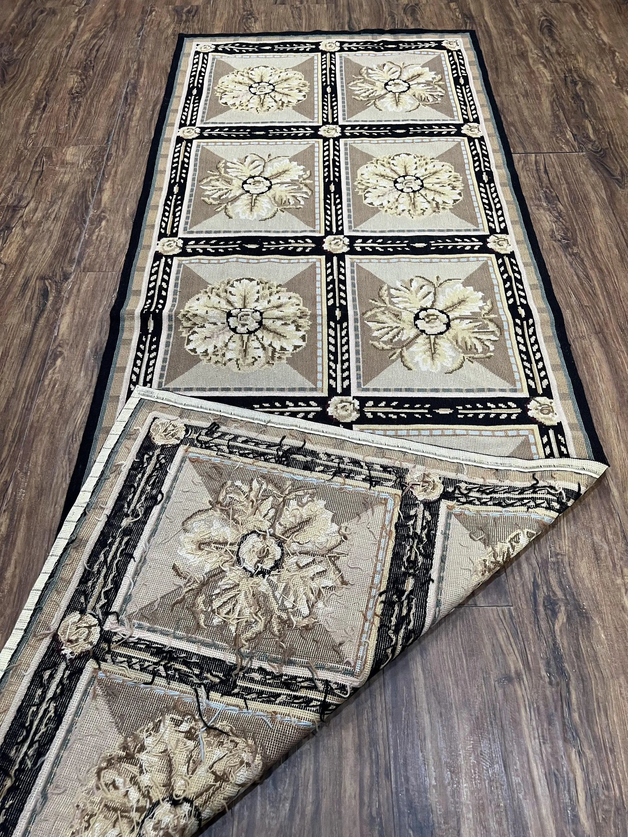 Needlepoint Runner Rug 3x8 Panel Design Rug, Flatweave Runner Rug, English Design, Floral, Short Runner Rug, Black and Beige Wool Hand-Woven by Jewel Rugs