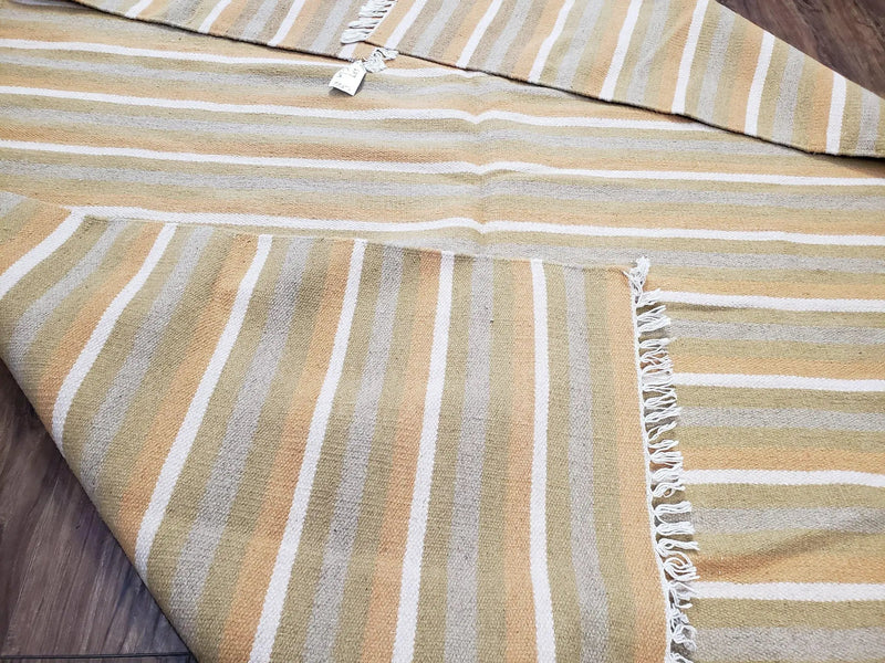 New Indian Kilim Area Rug, 6x8 - 7x8 South American Style Blanket, Striped Indian Wool Hand-Woven Flat Weave 6x9 Bedroom Rug, Ivory Ochre by Jewel Rugs