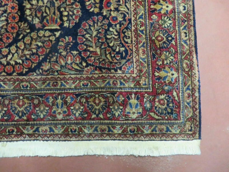 Antique Persian Sarouk Rug 4x6, Hand Knotted 1920s Oriental Carpet 4 x 6 ft, Navy Blue and Red Wool Rug, Handmade Floral Allover Persian Area Rug by Jewel Rugs