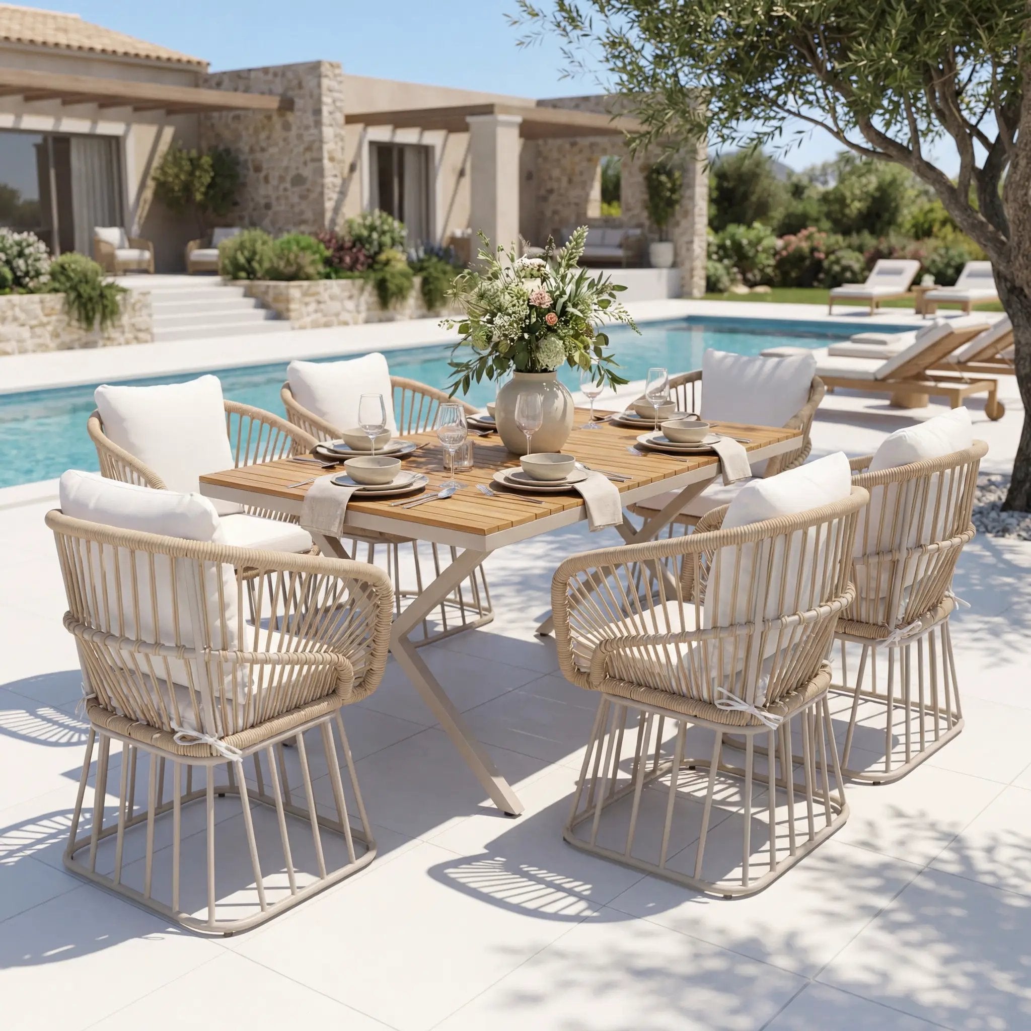 Outdoor 7-Piece Dining Set - Rectangular Teak Wood Table + 6 Wicker Chairs by HouseOfZazla