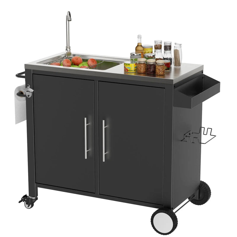 Outdoor Grill Table With Sink, Grill Cart With Sink And Cabinet With Wheels - Black / Silver by HouseOfZazla