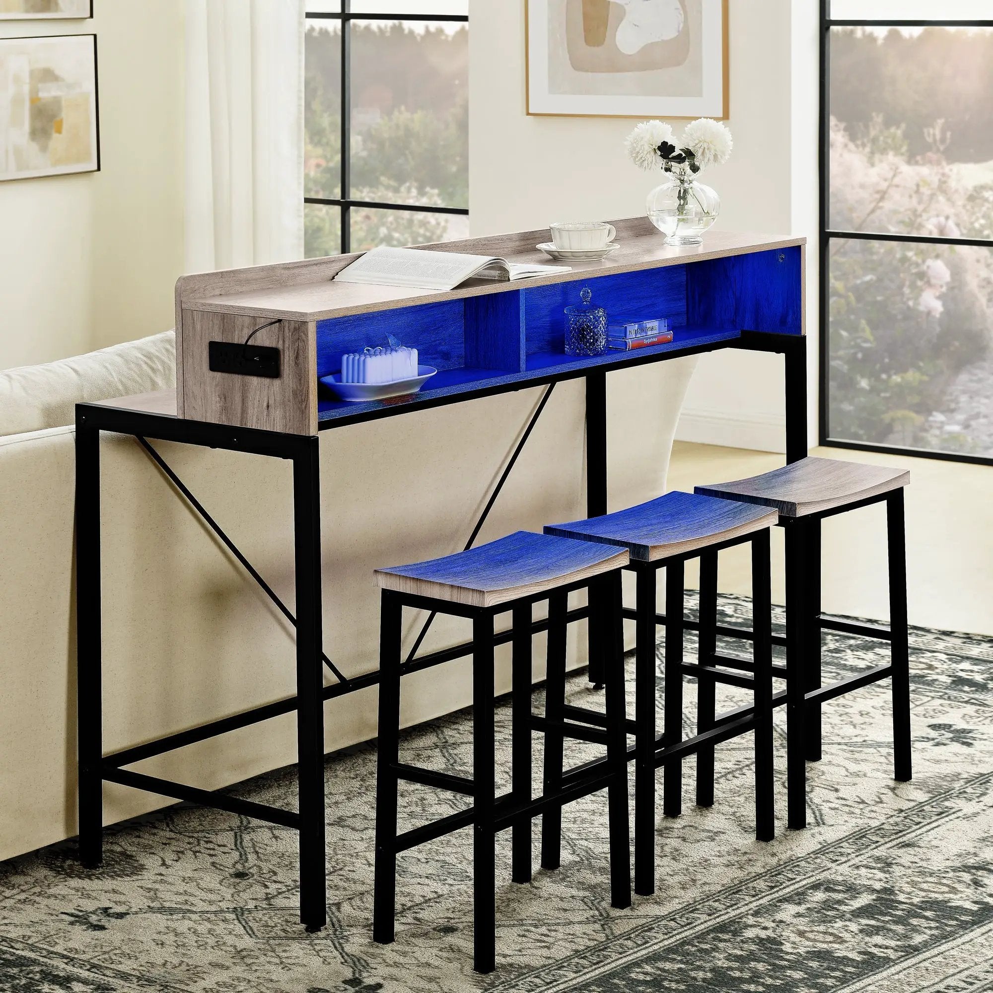 59 Inch Bar Table with Stools and LED Light by HouseOfZazla