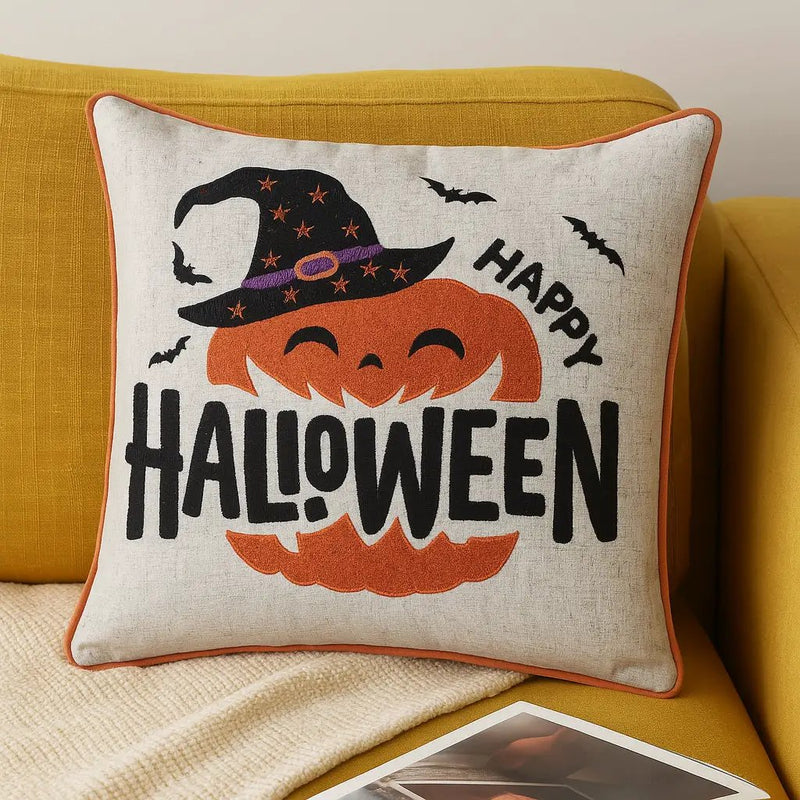 Embroidered Halloween Pumpkin Accent Pillow by HouseOfZazla