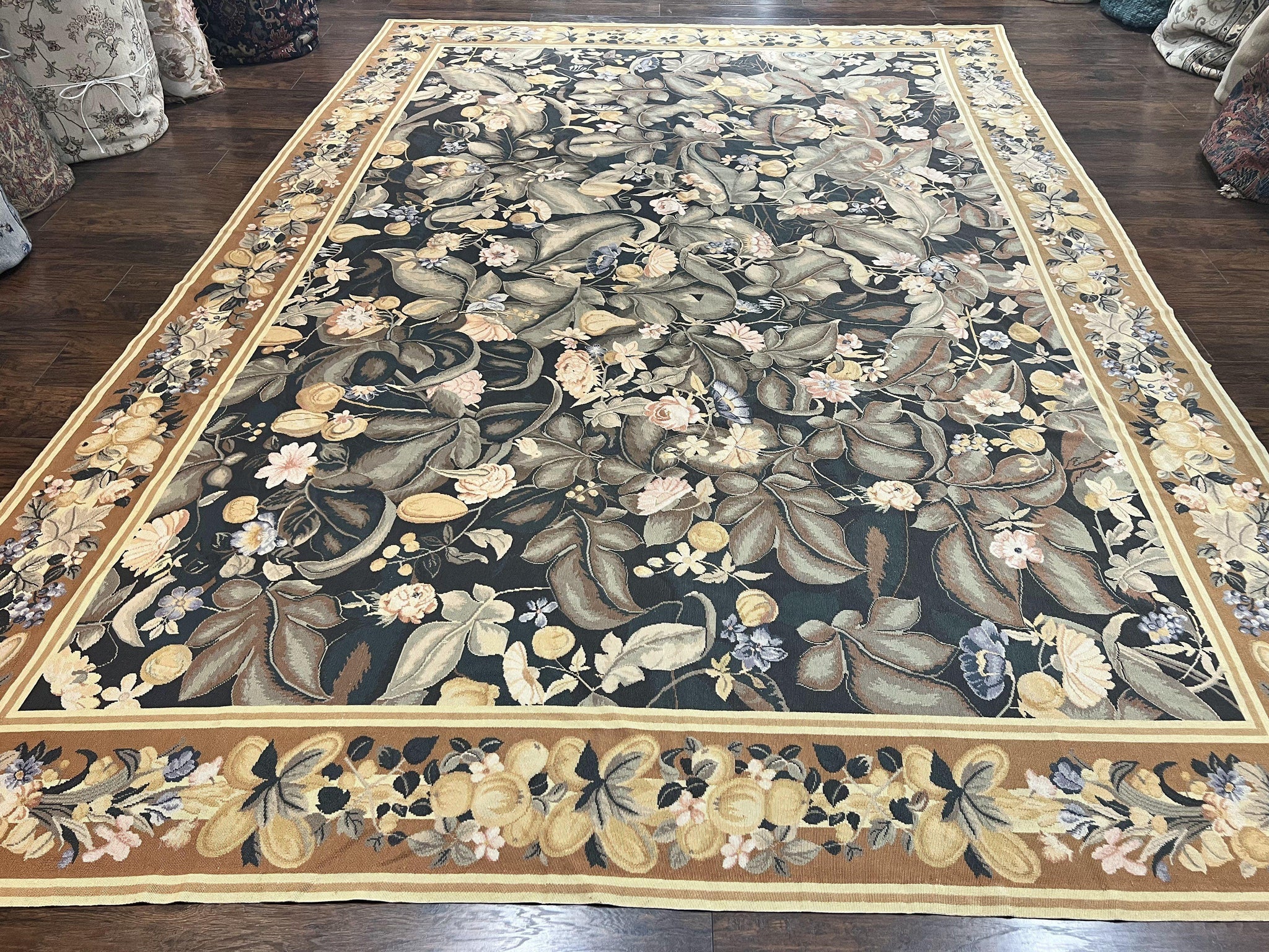 Large Needlepoint Rug 9x13, Handmade Wool Flatweave Vintage Rug, Leaves, Green by Jewel Rugs