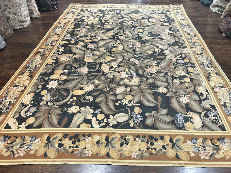 Large Needlepoint Rug 9x13, Handmade Wool Flatweave Vintage Rug, Leaves, Green by Jewel Rugs