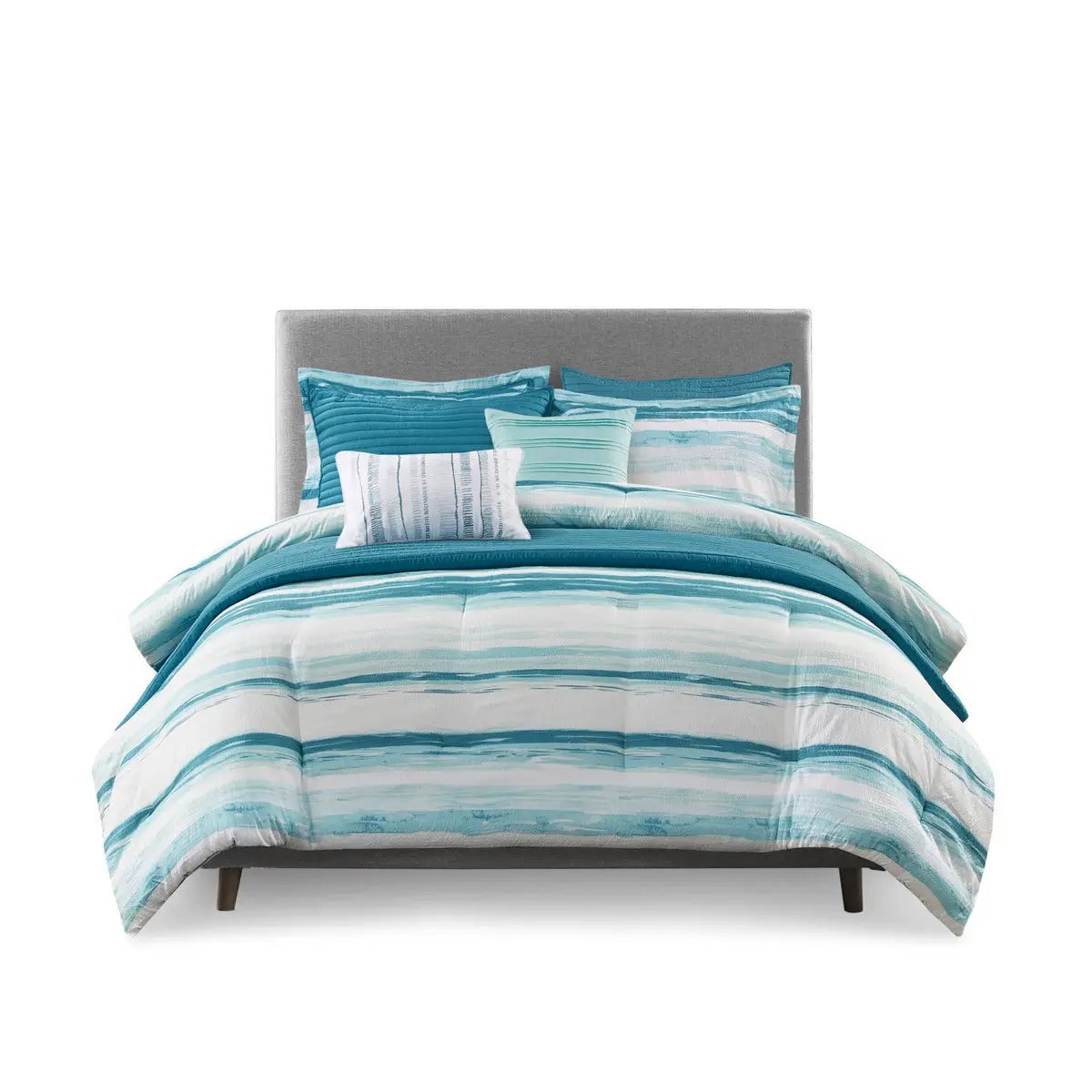 8 Piece Printed Seersucker Comforter and Quilt Set Collection Aqua King/Cal King by HouseOfZazla