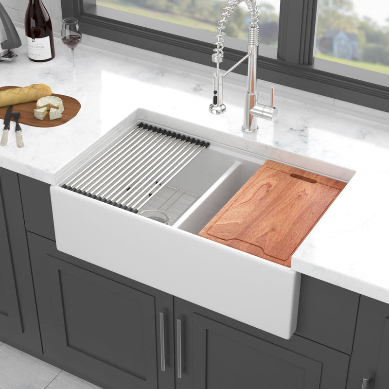 Farmhouse Sink Workstation 33" Ceramic Double Bowl Kitchen Sink With Ledges - White by HouseOfZazla
