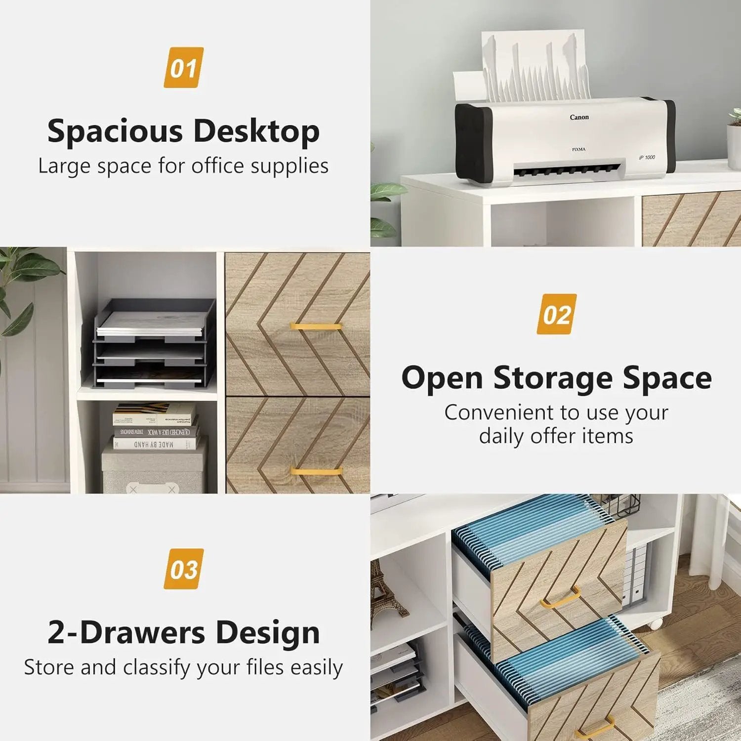 Large Mobile Lateral File Cabinet With 2 Drawers, Printer Stand & Storage Shelves, For Letter Size Files - White / Oak by HouseOfZazla