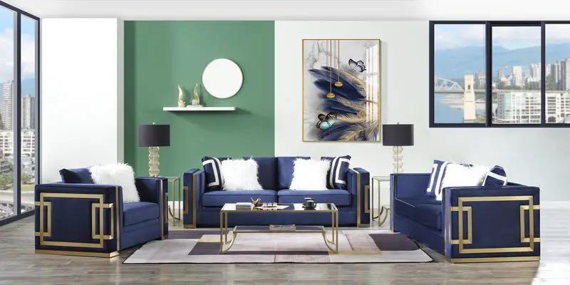Virrux - Sofa With 6 Pillows - Blue Velvet & Gold by Unique Piece Furniture