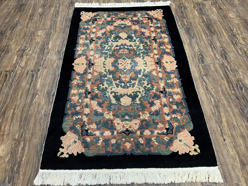 Chinese Art Deco Rug 3x5, Black and Beige Chinese Carpet 3 x 5, Vintage Rug, 1950s Rug, Floral Rug, Handmade Rug, Art Deco Rug, Wool Rug by Jewel Rugs
