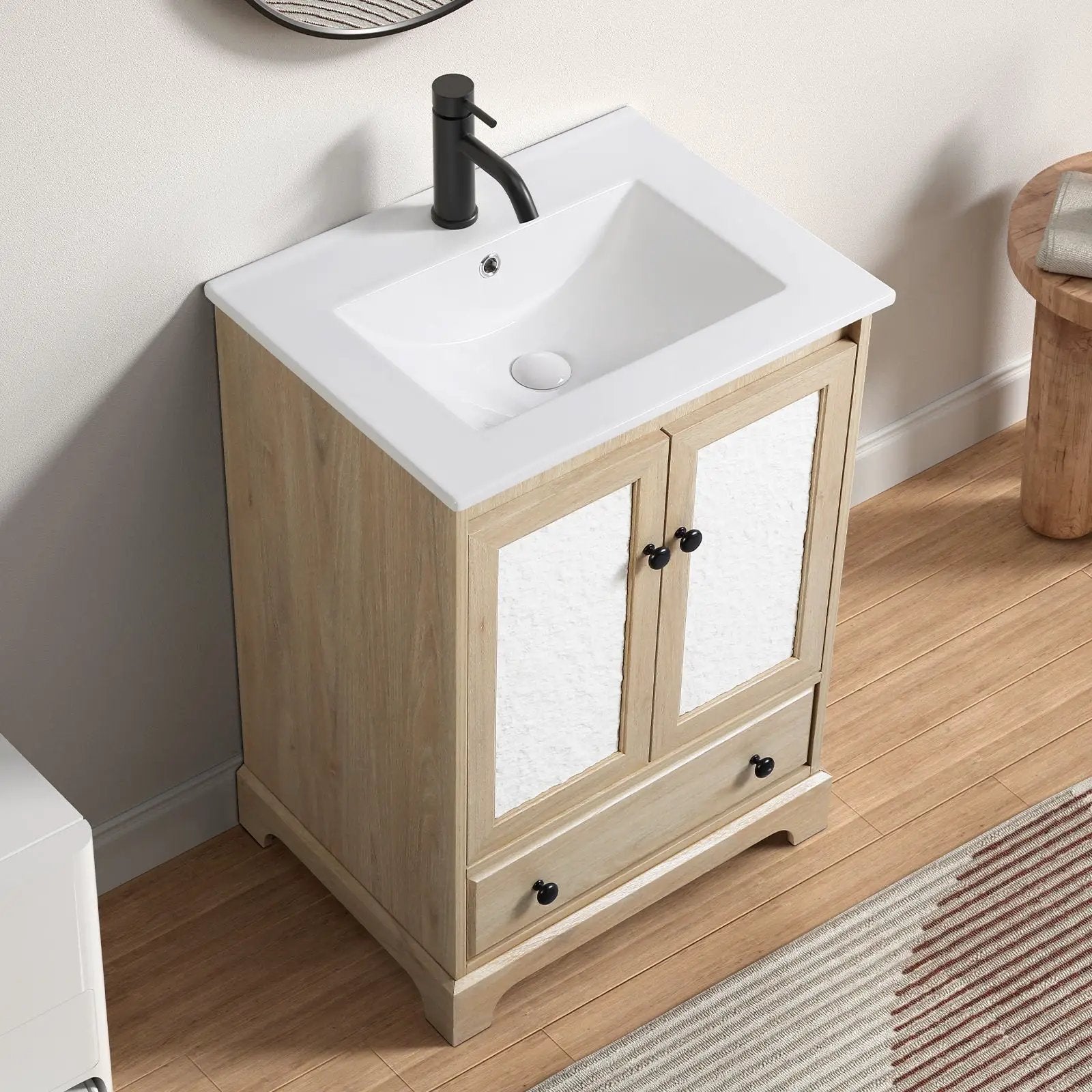 Bathroom Vanity Base, Cabinet With Carved Floral Doors - Natural Wood by HouseOfZazla