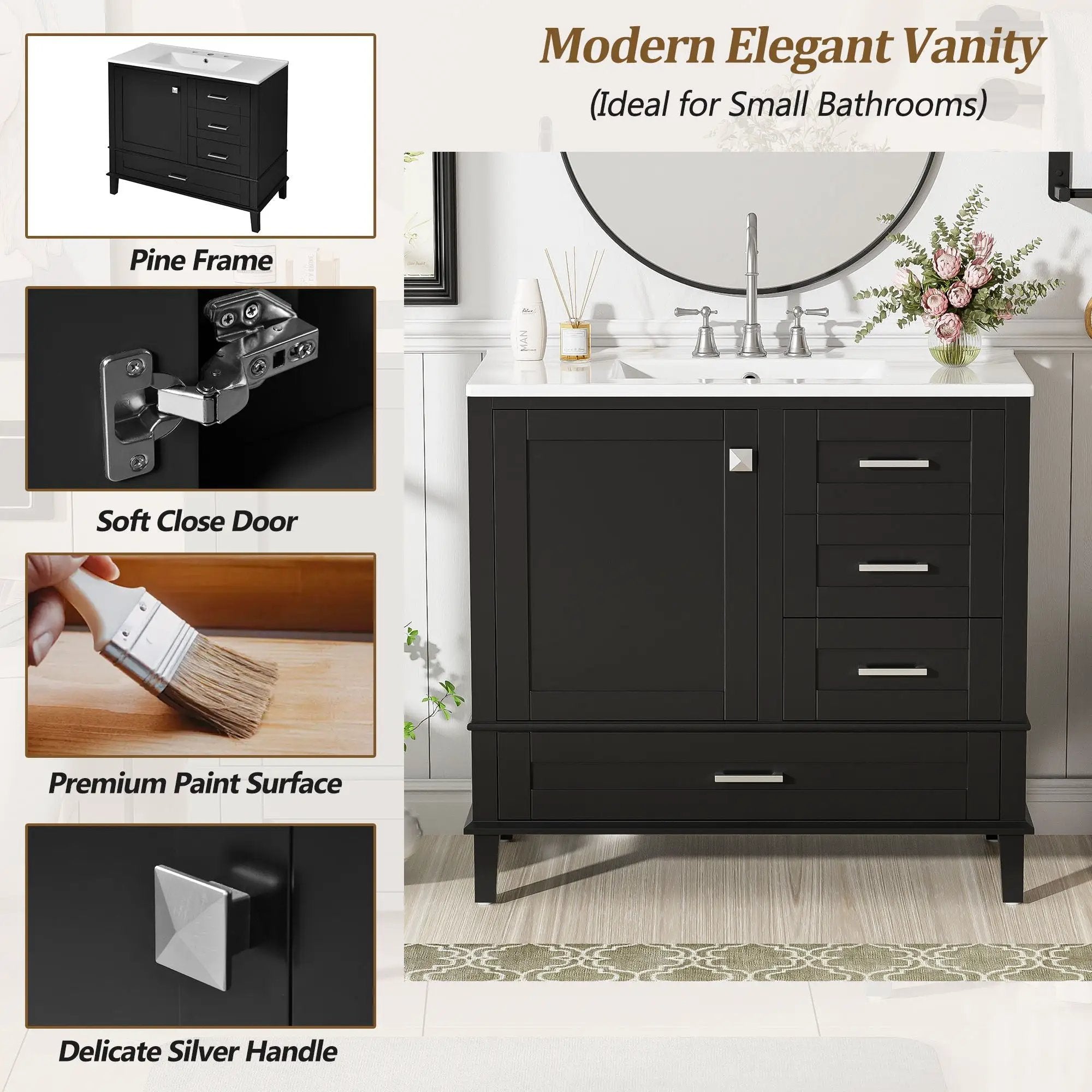 Bathroom Vanity, Modern Bathroom Cabinet With Sink Combo Set, Bathroom Storage Cabinet With A Soft Closing Door And 3 Drawers, Solid Wood Frame by HouseOfZazla