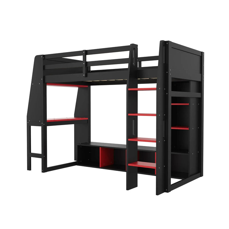 Gaming Loft Bed With Desk, Multi Storage Shelves, LED Lighting, And Hanging Clothes Rack by HouseOfZazla