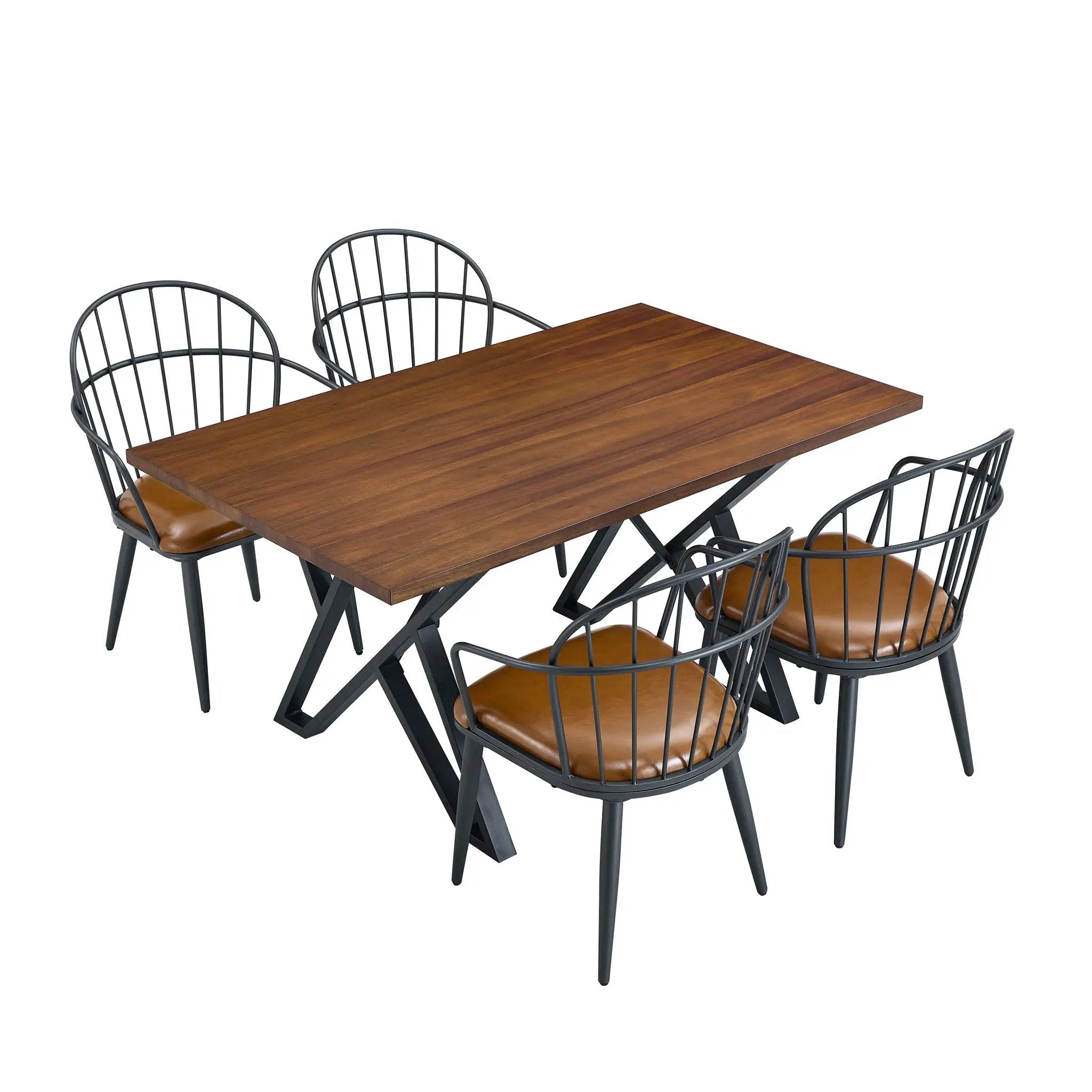 5 Piece Industrial Style Indoor Upholstered Dining Set With Metal Legs - Brown by HouseOfZazla