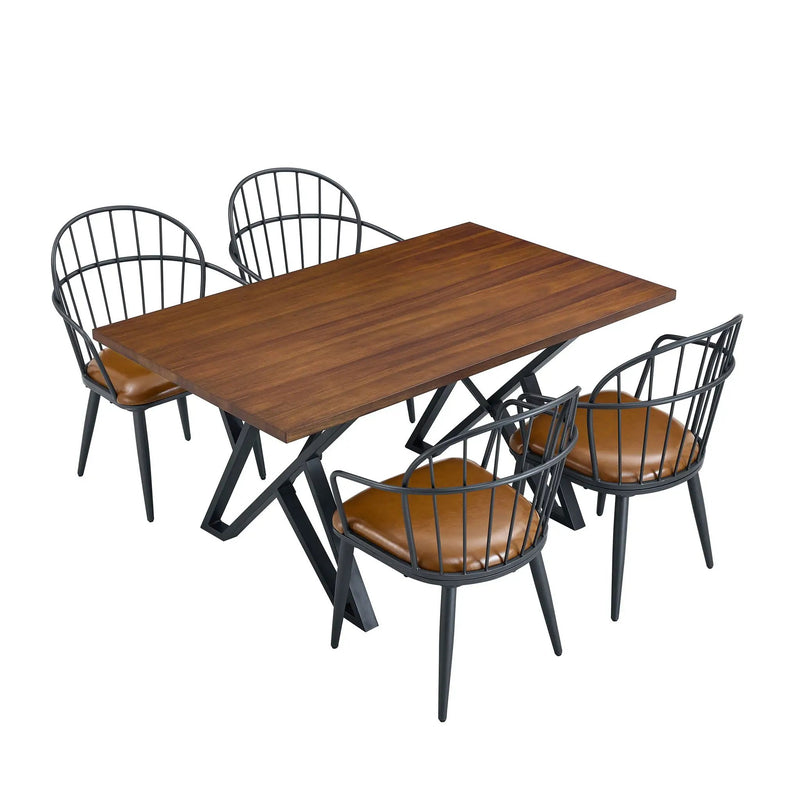 5 Piece Industrial Style Indoor Upholstered Dining Set With Metal Legs - Brown by HouseOfZazla