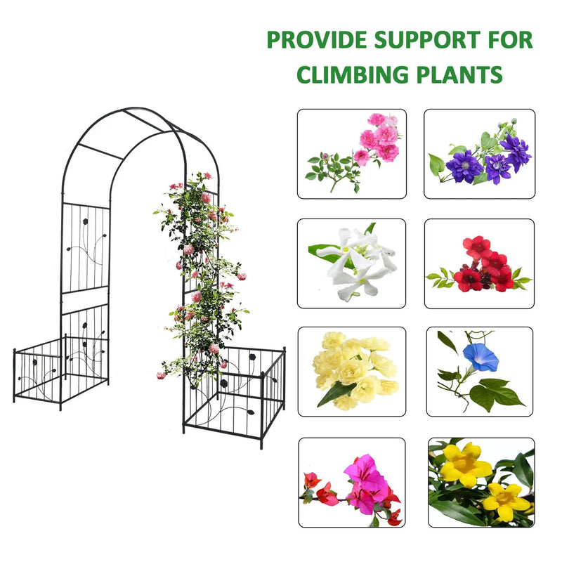 Metal Garden Arch With Two Plant Stands Wide High Climbing Plants Support Rose Arch Outdoor - Black by Unique Piece Furniture