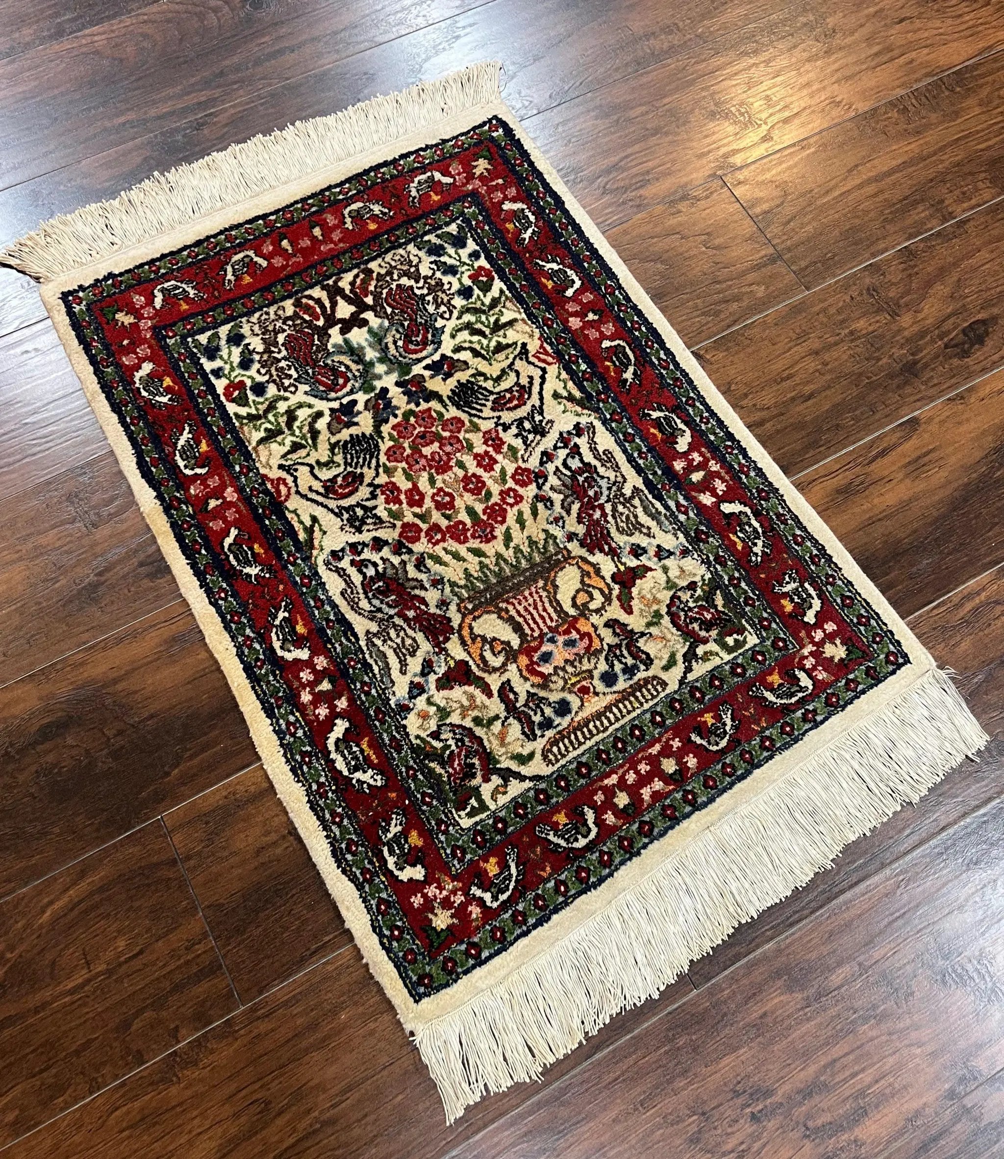 Small Indo Persian Rug 2x3 ft, Wool with Silk Highlights, Animal Pictorials, Birds by Jewel Rugs