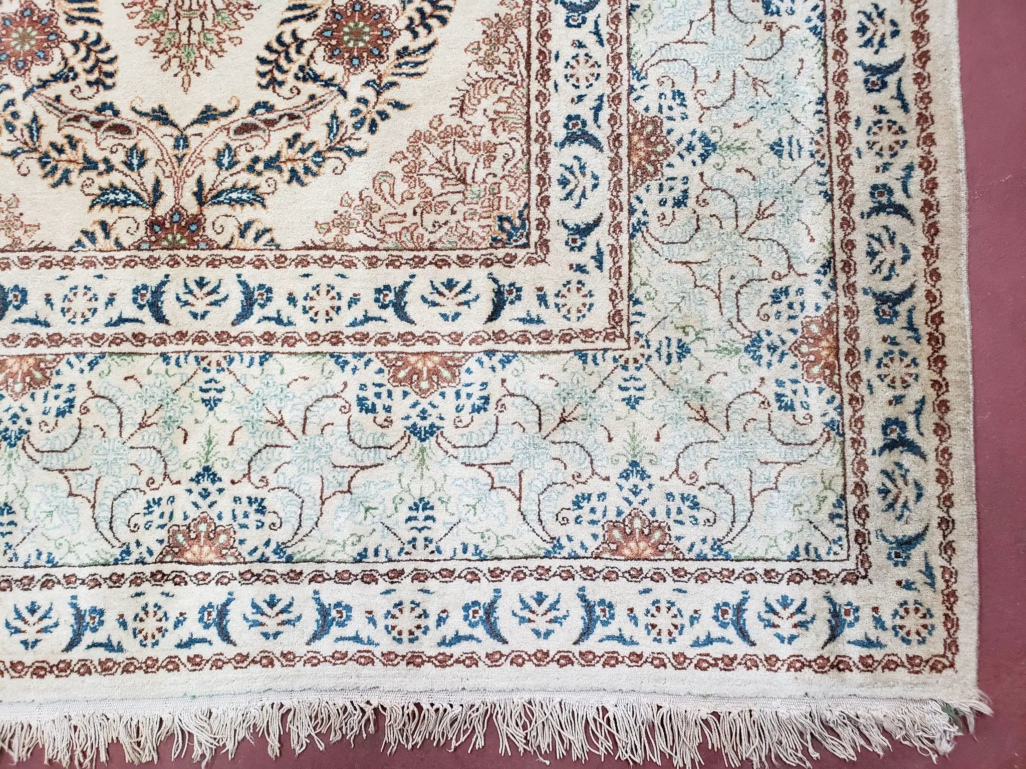 Fine Antique Persian Light Colored Kashan Carpet, 7x12, Top Quality, Rare, Ivory & Blues, Hand-Knotted, Wool by Jewel Rugs