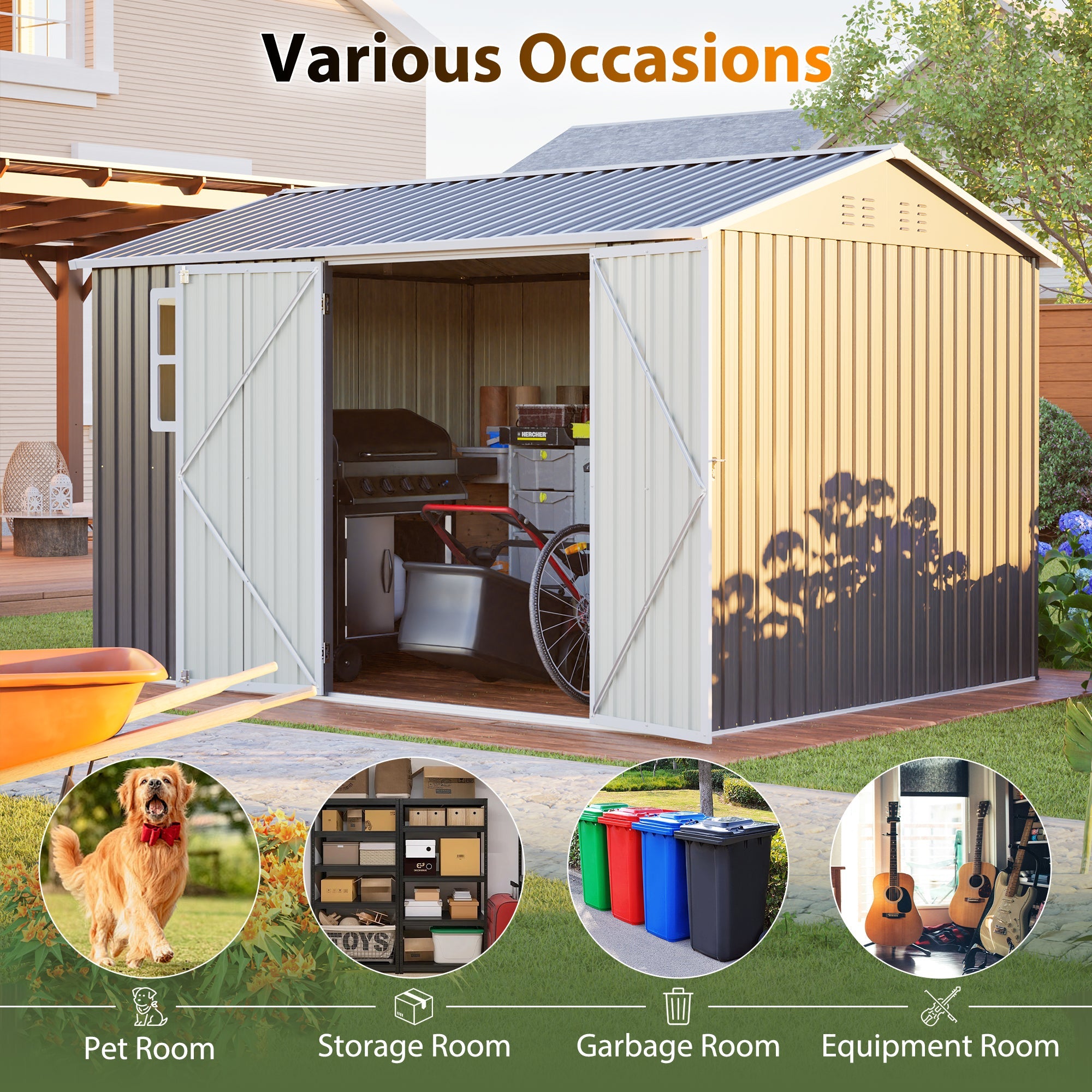 10'x8' Oversized Steel Storage Shed with Window and Lockable Doors by HouseOfZazla
