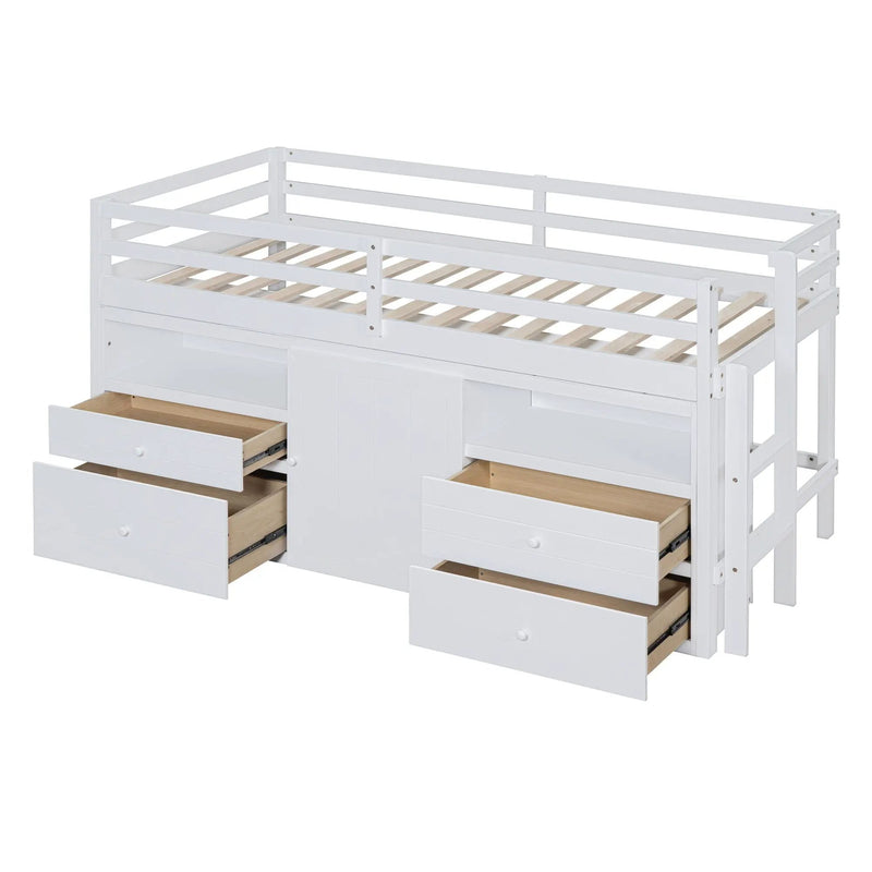 Loft Bed With 4 Drawers, Underneath Cabinet And Shelves