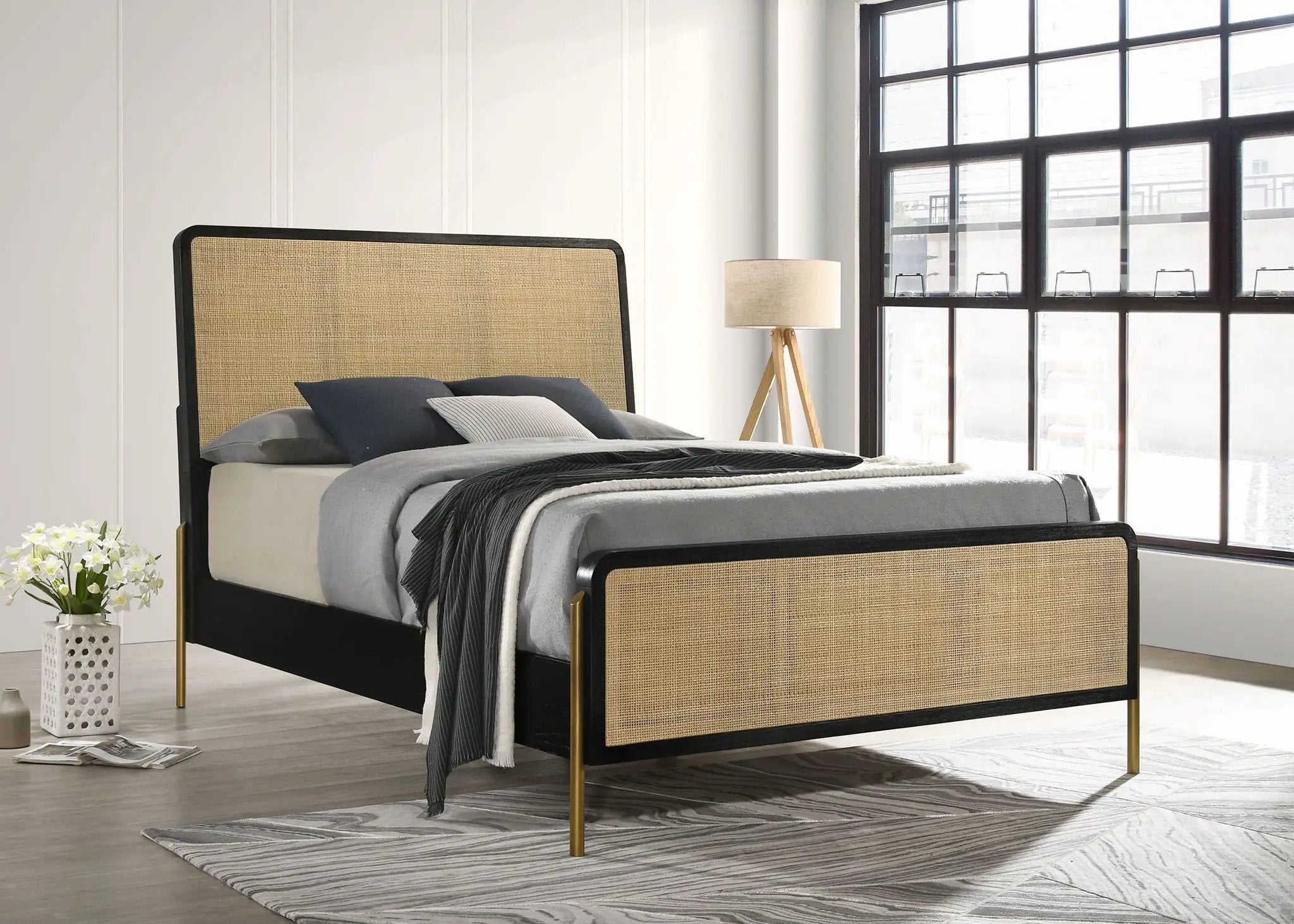 Arini Rattan Queen Panel Bed Black and Natural by Unique Piece Furniture