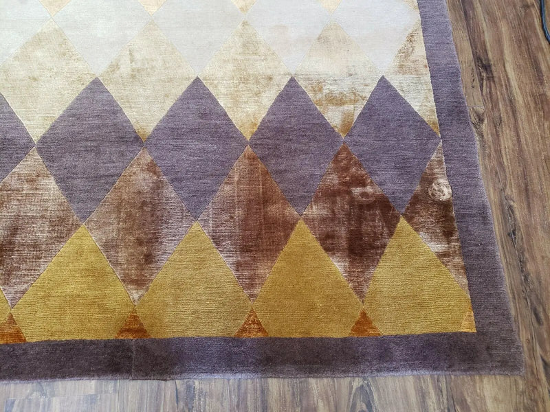 Modern Tibetan Rug 8.6 x 11, Wool and Silk, Multicolor, Diamond Panel Design by Jewel Rugs